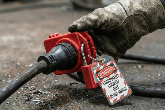 Industrial power cord plug secured in red lockout device with danger tag on dirty workshop floor to prevent accidental connection