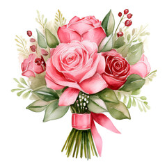 Fototapeta premium Watercolor of pink roses with a ribbon on a white background. Bridal bouquet. Ideal for Valentine's Day, a wedding, a party, romantic decorations, or creations with a love theme.