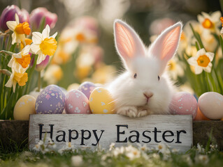 Cute white rabbit resting behind wooden Happy Easter sign with colorful eggs in spring garden