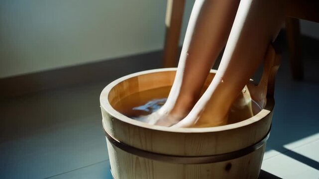 Woman's legs soaking in a wooden foot bath, sunlit by window