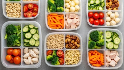Healthy Meal Prep Containers with Fresh Fruits, Vegetables, Protein, and Grains Organized for Nutritious Week Lunches
