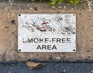 SMOKE-FREE AREA sign on a curb stone