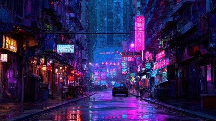 Cyberpunk city street at night illuminated by vibrant neon signs and deep purple and blue light reflections on the wet asphalt.