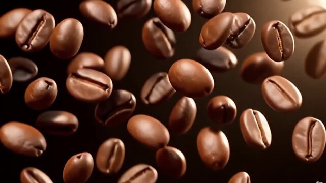 Slow-motion shot of falling coffee beans filling the screen