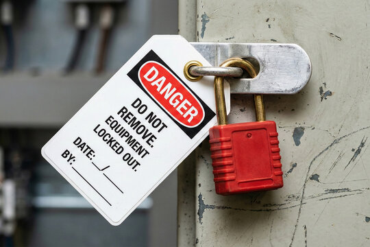Red safety lockout padlock and danger tag secured on industrial equipment cabinet door to prevent unauthorized access during maintenance procedure