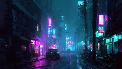 Obraz premium Rainy Cyberpunk City Street at Night with Vibrant Neon Glow. Futuristic Dark Alleyway Scene with Wet Asphalt Reflecting Magenta and Cyan Electric Lights.