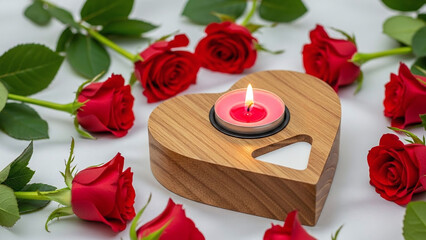 A romantic red rose and flickering candles set a relaxing spa scene for Valentine's Day aromatherapy with beauty decorations and a pink heart gift