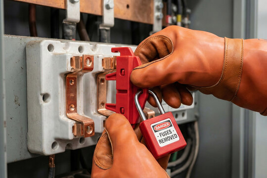 Electrician hands in orange insulating gloves installing red fuse lockout device and danger tag on industrial copper fuse block holder