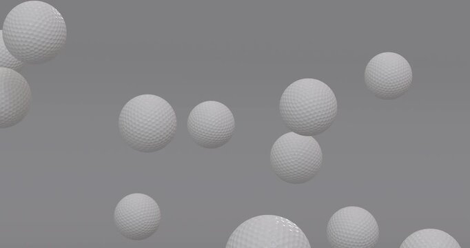 Golf balls falling, spinning and rolling on surface footage with grey background and small motion blur. 3D FX animation.
