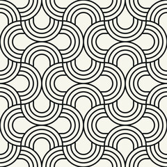 Vector seamless pattern. Stylish linear ornament with geometric arches. Regular monochrome texture featuring a grid of concentric semicircles. Basic essential surface design.