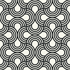 Vector seamless pattern. Geometric bold striped circles. Stylish monochrome background. Simple repeating swatch. Monochrome black ornament with concentric elements.