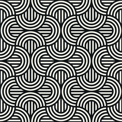 Vector seamless pattern. Geometric bold striped circles. Stylish monochrome background. Simple repeating swatch. Monochrome black ornament with concentric elements.