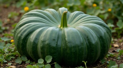 large green pumpkins harvested in the garden