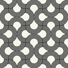 Vector seamless pattern. Geometric bold striped circles. Stylish monochrome background. Simple repeating swatch. Monochrome black ornament with concentric elements.
