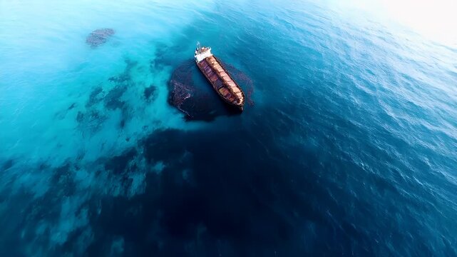 Oil spill. Environment ecosystem pollution disaster. Aerial view of shipwrecked ship on rocky outcrop in turquoise oceanshipwrecked cargo ship in deep blue waters with sunlight filtering through.