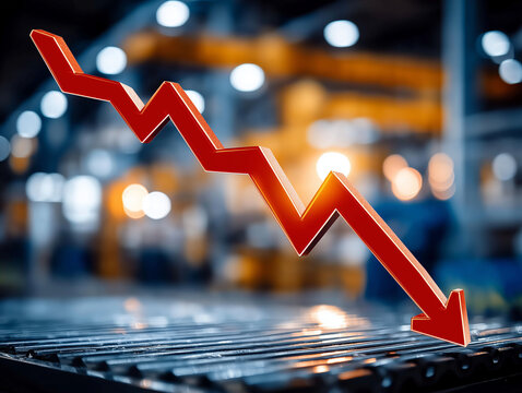 Economic Downturn Visual: A striking visual representation of economic recession is displayed, a sharp red downward arrow against the backdrop of an industrial setting.