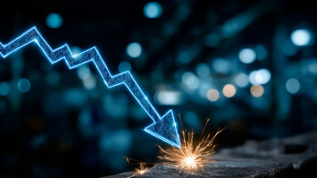 Economic Downturn: A visual representation of a significant economic downturn is illustrated through a downward-pointing arrow emitting sparks.