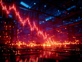 Obraz premium Financial Meltdown: An intense visual narrative, a financial data, depicted by a dramatic cascading red line plummeting amidst the backdrop, symbolizing a market crisis and economic downturn.