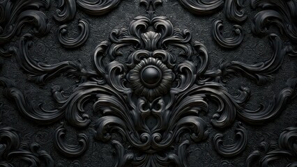 Luxurious dark baroque background texture. Detailed black floral scrollwork pattern, neoclassical or Victorian style architectural molding.
