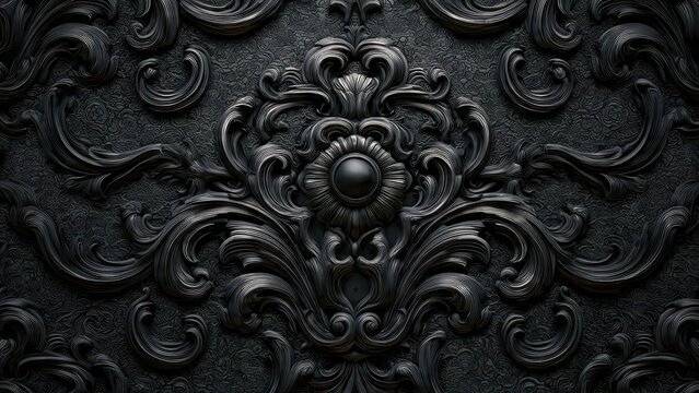 Luxurious dark baroque background texture. Detailed black floral scrollwork pattern, neoclassical or Victorian style architectural molding.