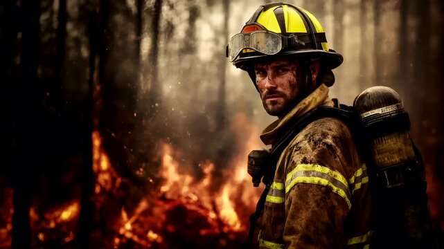 Natural disaster. Devastating loss aftermath scene. A firefighter stands amidst a forest engulfed in flames, his face partially obscured by the smoke. The firefighters attire includes a helmet.