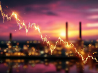 Market Downturn: A digital financial analysis depicting a dramatic market downturn, with a descending line superimposed against a blurred backdrop of an industrial landscape at dusk.