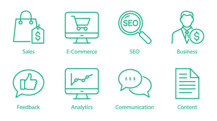 Set of vector outline icons depicting various aspects of business including sales e commerce seo business feedback analytics communication and content