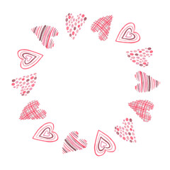 Pink and Red Heart Wreath Frame. Watercolor illustration