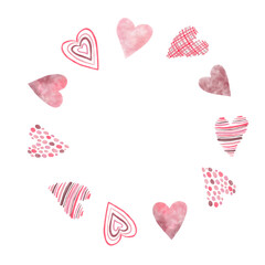 Pink and Red Heart Wreath Frame. Watercolor illustration