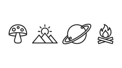 Minimalist nature space and outdoor adventures line icons set featuring a mushroom mountains sun saturn and a burning campfire on white background © Mujahid