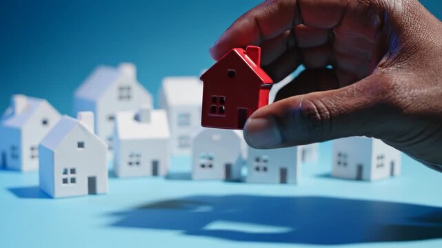 A hand holding a small red house among several white houses on a blue surface