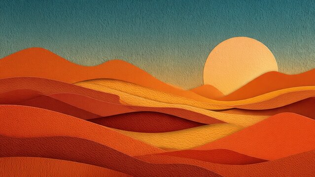 Layered paper cut style illustration of desert dunes landscape at sunset with vibrant warm colors and clear blue sky.