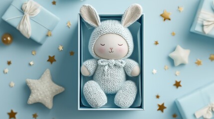 Knitted bunny toy in gift box with blue presents and gold stars
