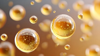 Close up view of numerous glossy golden spheres filled with liquid and tiny particles suspended in a soft blurred background with warm tones