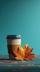 Eco coffee cup with autumn leaves on teal background