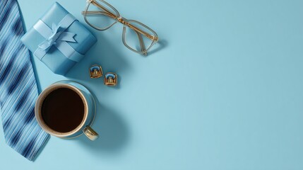 Father's Day gift blue present tie coffee cup eyeglasses cufflinks