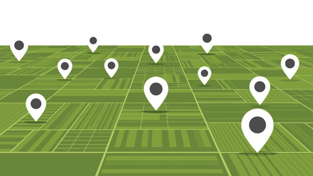 A stylized green grid map with numerous white location pins scattered across it, suggesting navigation or points of interest.
