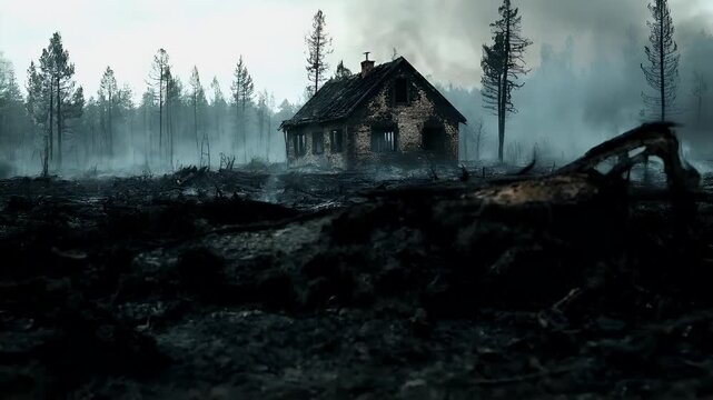 Natural disaster. Devastating loss aftermath scene. A grim, atmospheric portrayal of a dilapidated house amidst a forest fire. The house, with its wornout appearance.