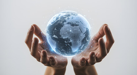 Hands holding glowing digital earth with network connections