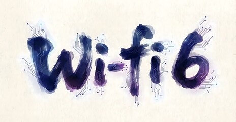 Wi-Fi 6 technology concept in abstract watercolor digital style,depicting modern internet connectivity and innovation,perfect for tech branding and UI design