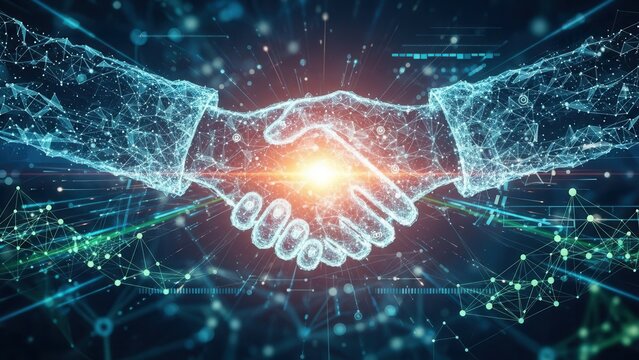 Abstract business technology collaboration background with digital handshake - Powered by Adobe