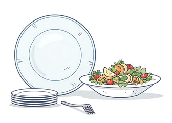 Unused full plate pushed aside, minimal vector, white background.