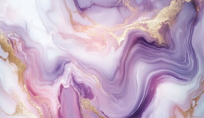 An abstract design featuring swirling shades of purple, pink, and white, accented with gold, creating a fluid and elegant appearance.