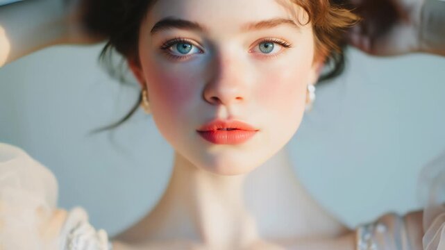 Portrait of a young ballet dancer with blue eyes. Ballerina in a white ruffled dress posing in soft light. Graceful movement and ethereal aesthetic