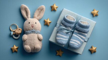 Knitted bunny toy blue gift box and baby socks newborn