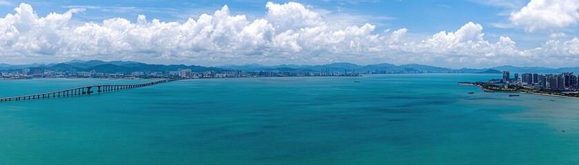 A stunning panoramic view of a coastal city with a long bridge stretching over turquoise waters, surrounded by mountains and a vibrant skyline, ideal for travel ads, real estate
