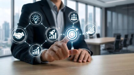 Businessman interacting with futuristic digital interface icons for growth,target,innovation and success,representing modern corporate strategy and planning