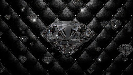 Naklejka premium Large dazzling diamond centered on luxurious black tufted background. Concept of wealth, glamour, jewelry, and exclusive luxury design.