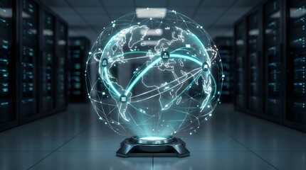 Futuristic digital globe with global data connections in server room,illustrating cybersecurity,networking and worldwide technology infrastructure