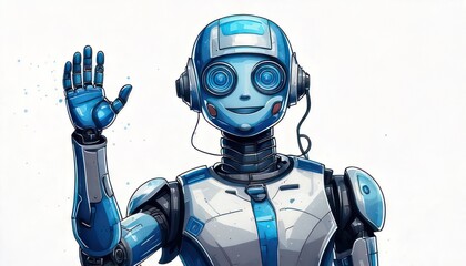 Friendly Blue Robot Waving Hello with a Cheerful Expression.